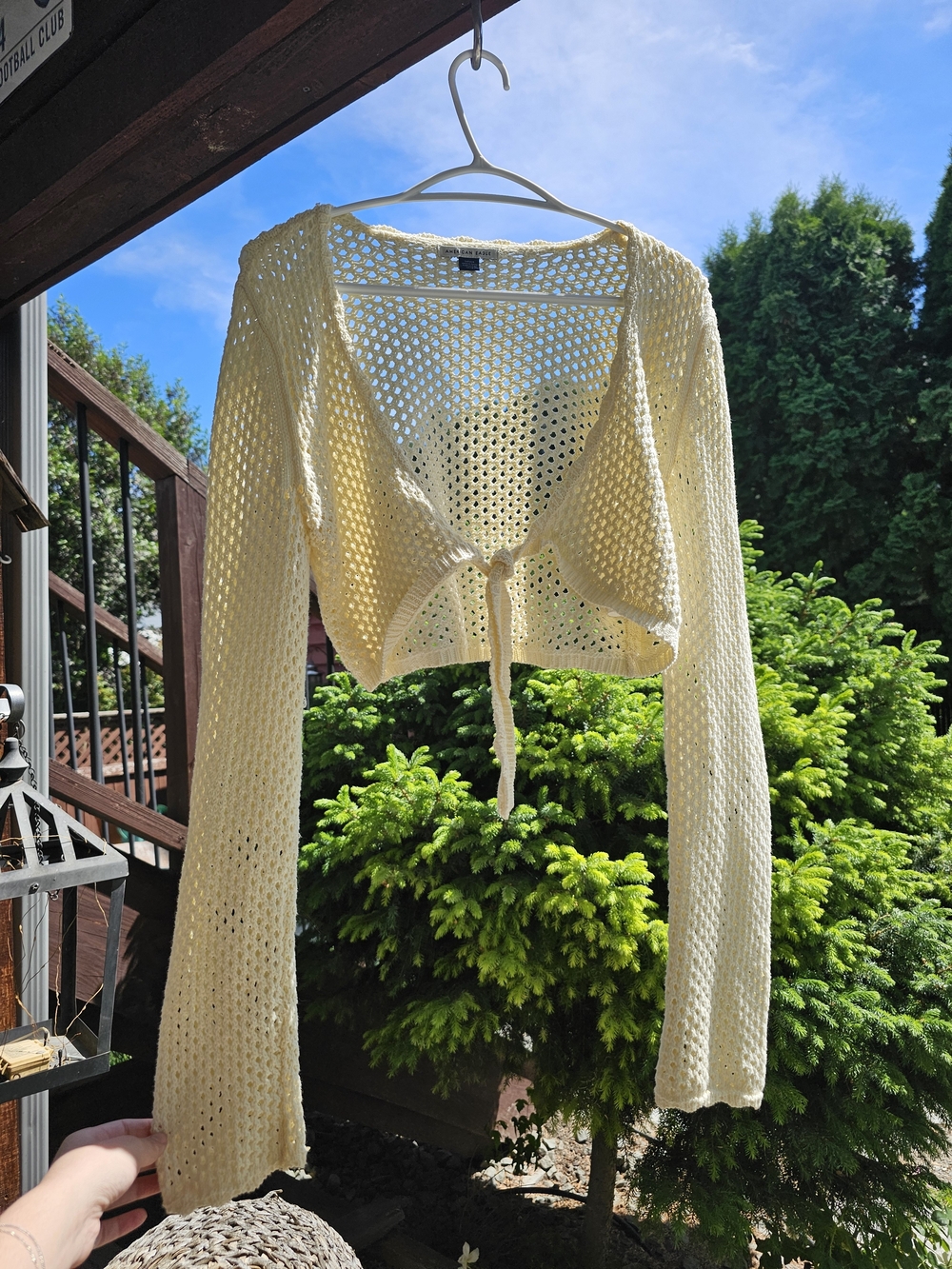 American Eagle Women's Cream Crochet Tie-Front Sweater